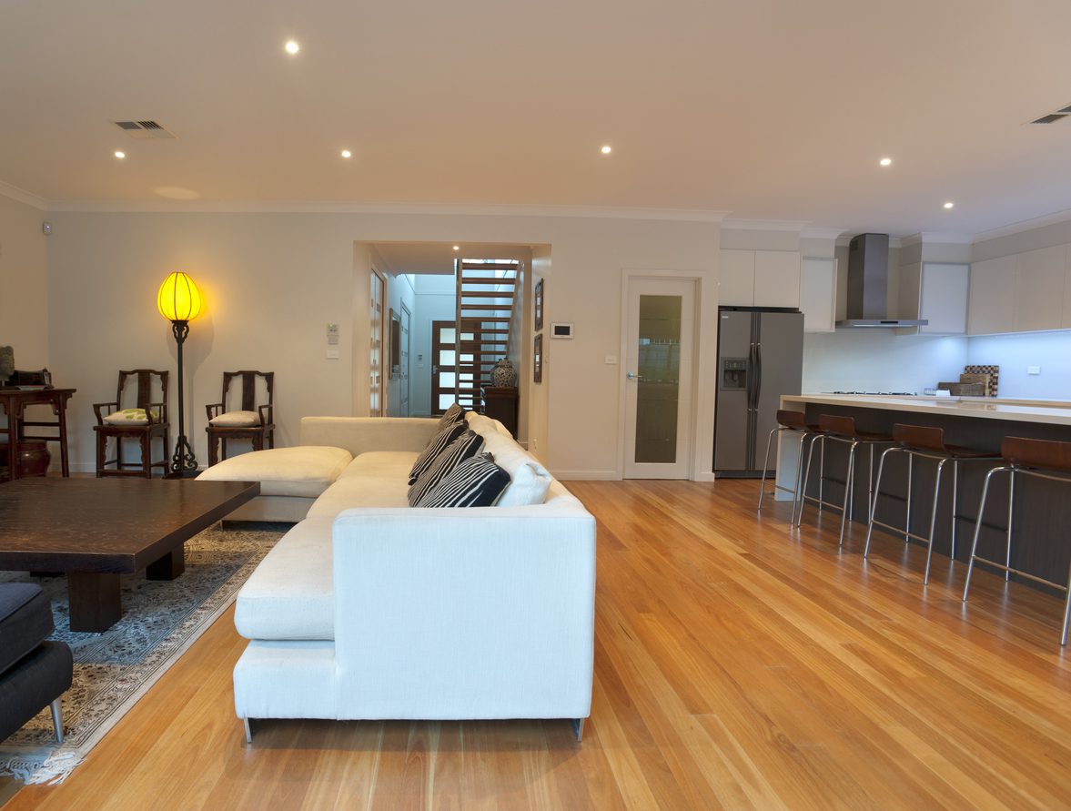 Open plan living room and kitchen with wooden floors
